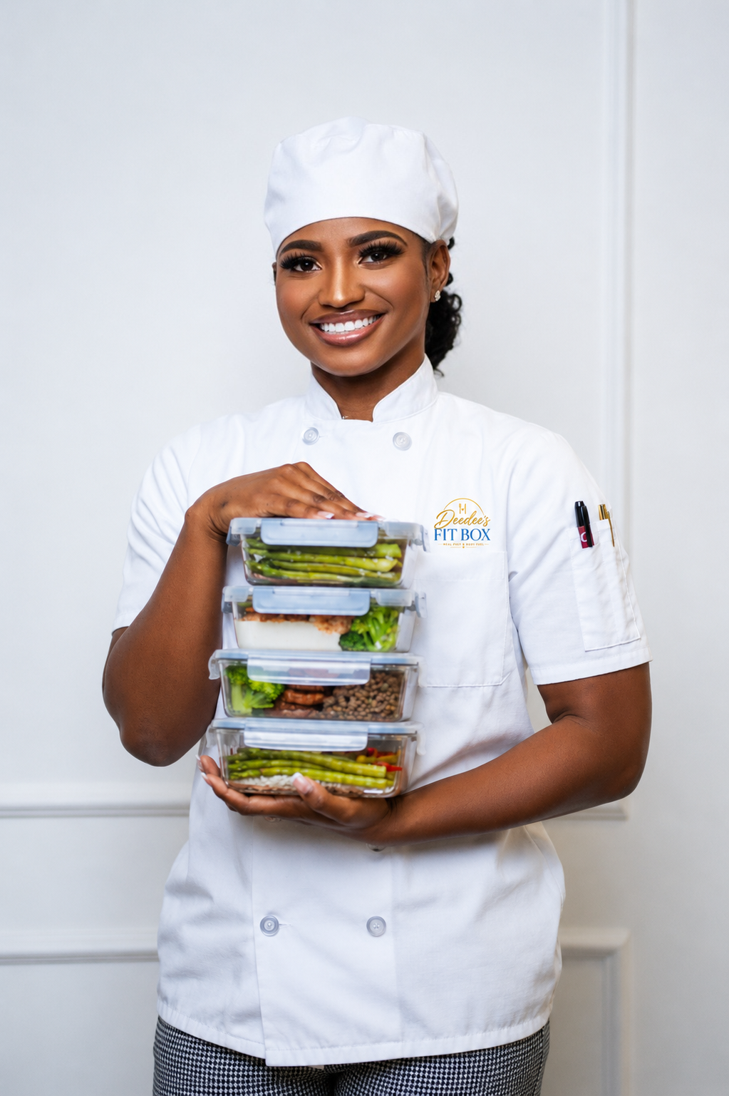 Chef Deedee holding stack of fresh meal prep boxes